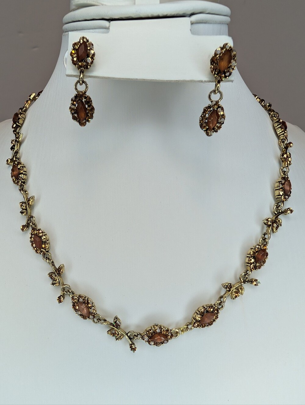 Gold-Tone Brown Crystal Leaf Necklace and Drop Earring Set